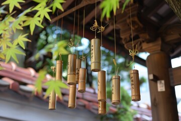 Bamboo wind chimes hung on roof