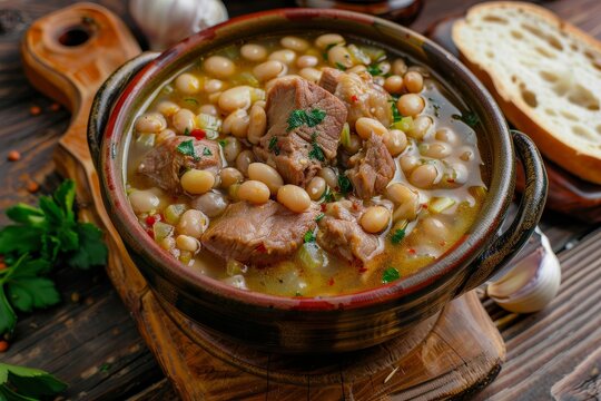 Balkan Pasulj soup served on rustic board with bread and garlic Close up shot