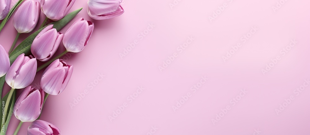 Leinwandbilder Flat lay image of gorgeous pink spring tulips against a lilac backdrop with copy space available for adding text