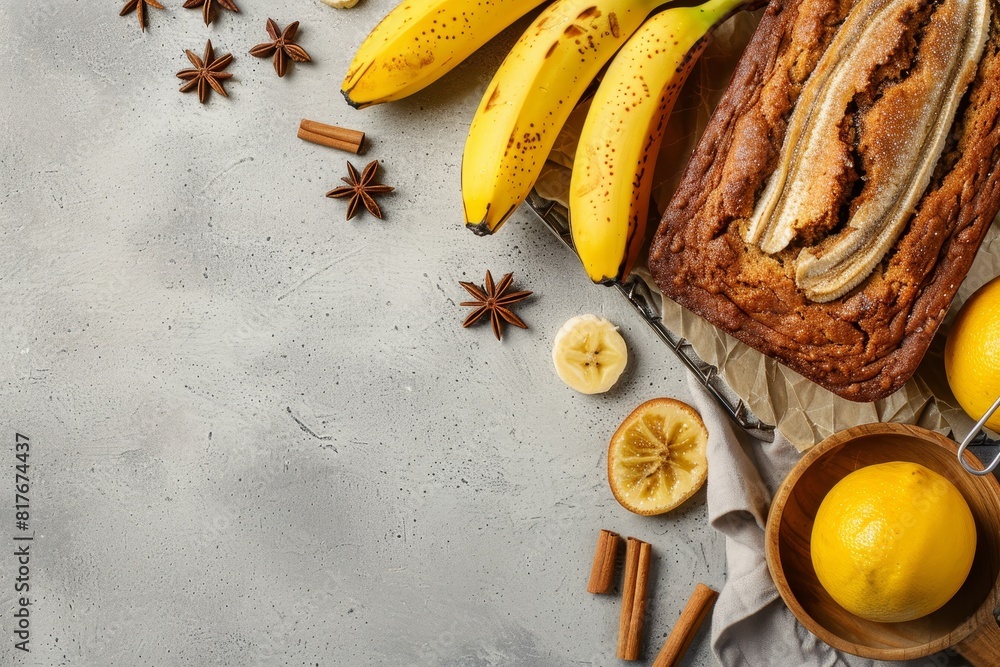 Wall mural Banana bread with cinnamon crunch on grey background