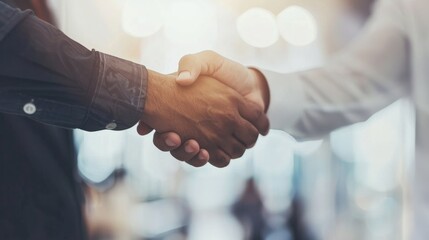 This image features a close-up view of a handshake between two individuals, symbolizing agreement or partnership