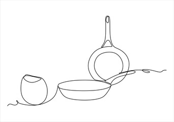 Horizontal cooking template. Background with dishes. Continuous drawing of lines. Vector illustration. Without artificial intelligence