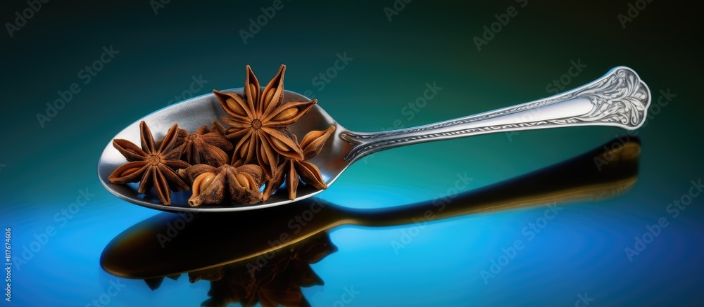 Poster a spoon holds an arrangement of anise star nutmeg and allspice on a vibrant background giving ample 