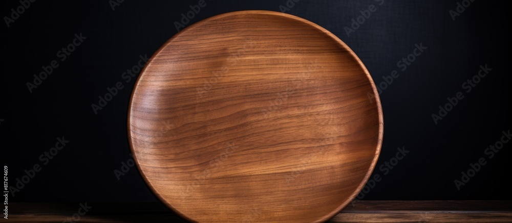 Poster Copy space image of a wooden plate void of any food placed against a backdrop of pure black