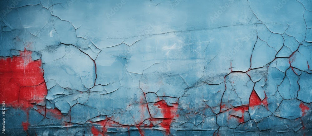 Aufkleber close up of a wall with a blue paint texture and prominent red cracks providing a visually appealing