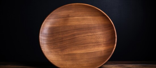 Copy space image of a wooden plate void of any food placed against a backdrop of pure black