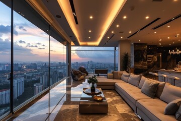 A luxurious penthouse apartment overlooking a bustling city skyline concept, Ai AI-generated