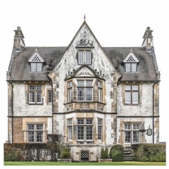 photo of a neo renaissance english manor house 18th century, completely white background, isolated