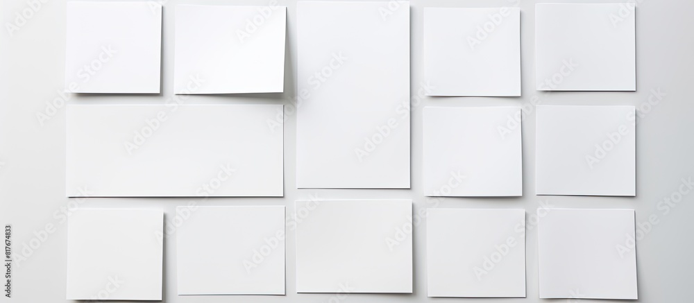 Poster Design mockup with white background featuring empty white paper sheets and cards perfect for adding your own content Copy space image