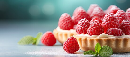 Copy space image of homemade tartlets adorned with fresh raspberries