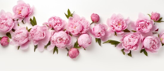 A top down view reveals lovely pink peonies set against a pristine white background creating a copy space image