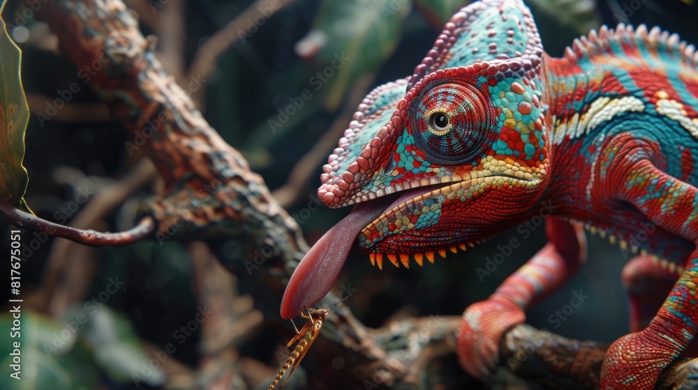 Poster a vibrant chameleon perched on a tree branch. ideal for nature and wildlife concepts
