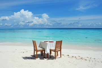 Beachside table set for couple near ocean