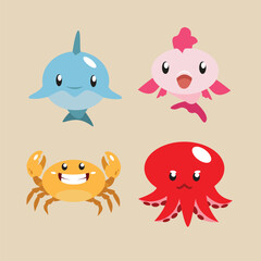 Cute Illustrations of Dolphins, Fish, Crabs, and Octopuse Sea Animals