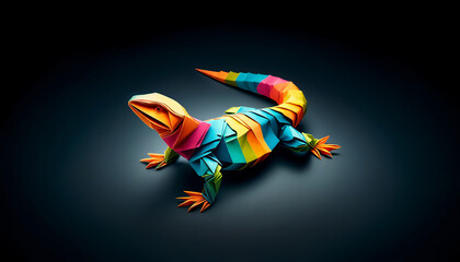 Obraz premium Vibrant Origami Lizard: Colorful Paper Sculpture with Intricate Details on Dark Background