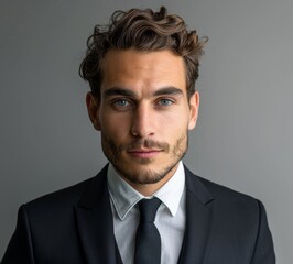 Portrait of a handsome young business man in a suit looking at the camera isolated on a grey background