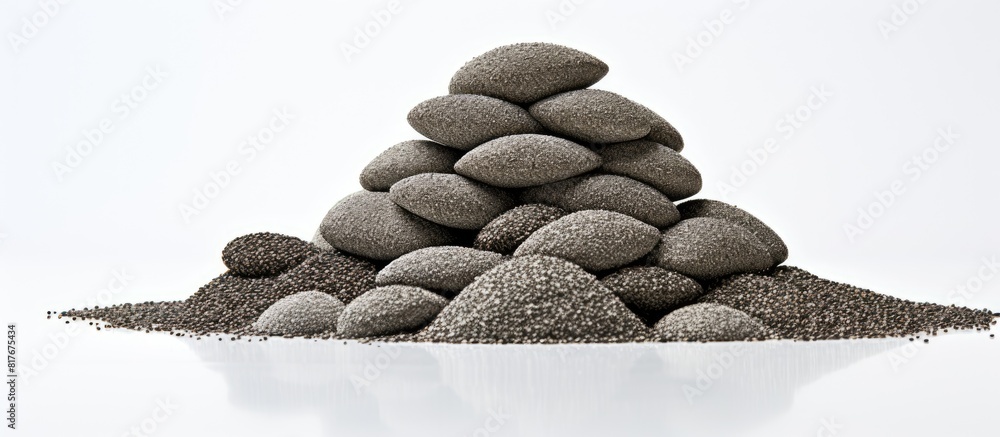 Poster A low angle view of a stack of nutritious chia seeds on a white background with ample space for text or other images