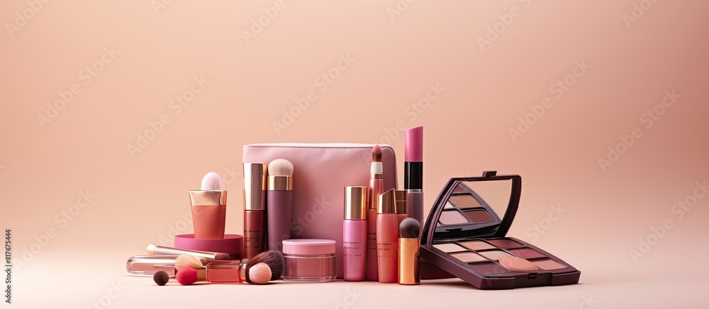 Poster copy space image displaying various cosmetic products and accessories for women providing ample room