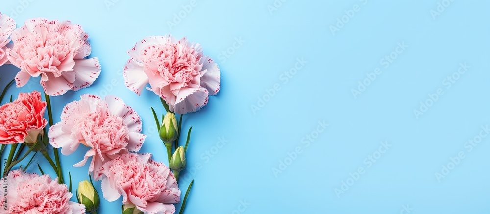 Poster a top view image of carnation flowers on a blue background with copy space creates a beautiful mothe