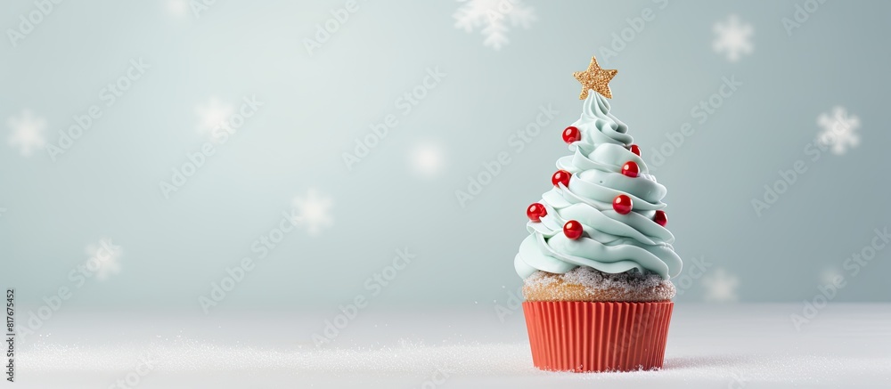 Poster a cupcake and decorative elements shaped like a christmas tree are presented on a light gray backgro