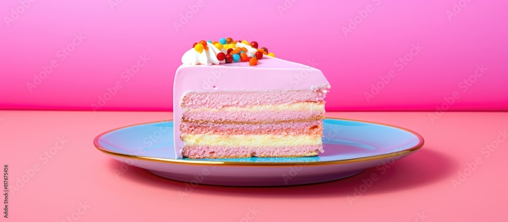 Poster a vibrant rainbow cake is displayed on a pink plate set against a matching pink background ample cop