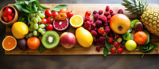 Copy space image of a nutritious diet fresh fruit displayed on a kitchen chopping board
