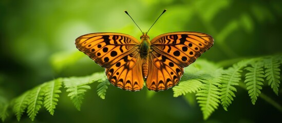 Obraz premium A close up photo of an orange Fritillary butterfly on a wildflower set against a lush green backdrop with ample copy space