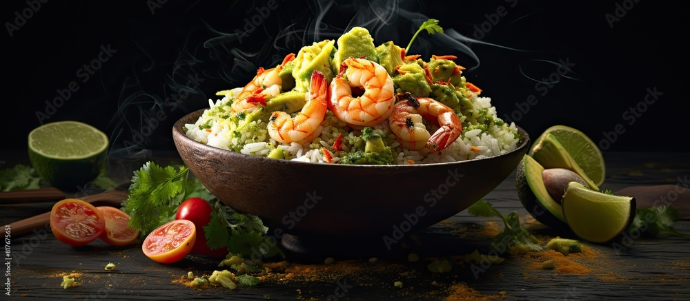 Poster a flavorful rice bowl adorned with succulent shrimps and creamy avocado creating a tantalizing blend