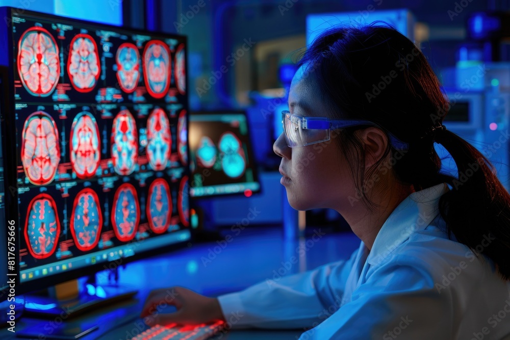 Poster woman sitting at desk using computer, suitable for office concepts