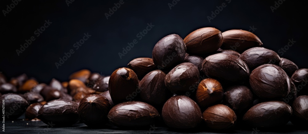 Leinwandbilder a copy space image of dark chocolate covered nuts arranged on a stone with a dark background