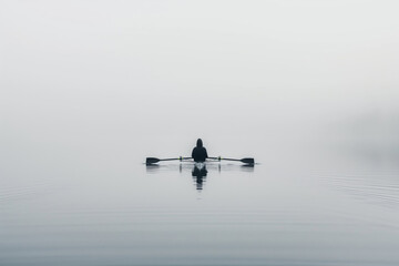 Fototapeta premium Minimalist depiction of a lone rower on a tranquil misty lake, capturing the essence of peace and solitude