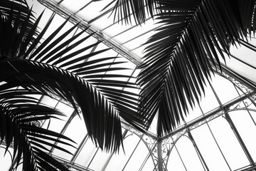 Naklejka premium Beautiful palm fronds against dark greenhouse metal