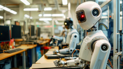 Humanoid robot in a high-tech laboratory, illustrating AI research and cutting-edge robotics technology.