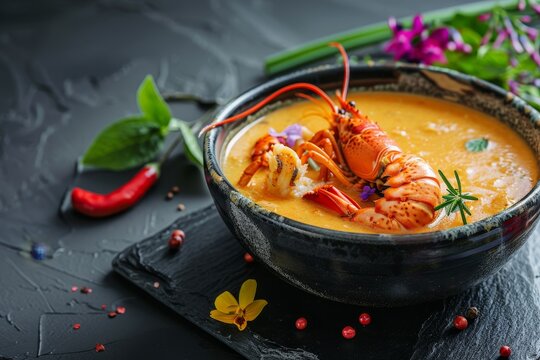 Beautiful seafood dish served on a black stone with garnishes