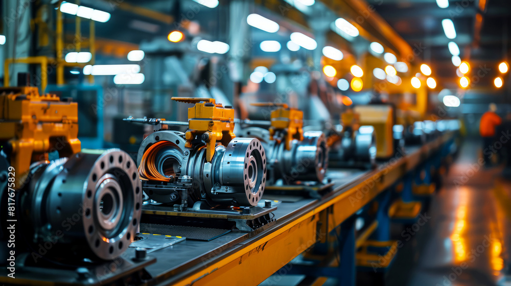 Poster line of heavy machinery parts on an assembly line in a factory, illustrating the precision and scale