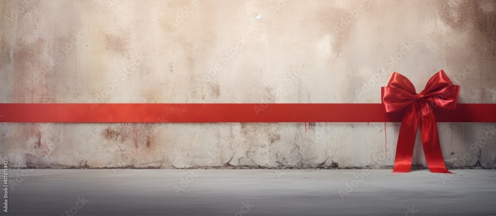 Poster a festive merry christmas message displayed on a wall background adorned with a vibrant red ribbon c