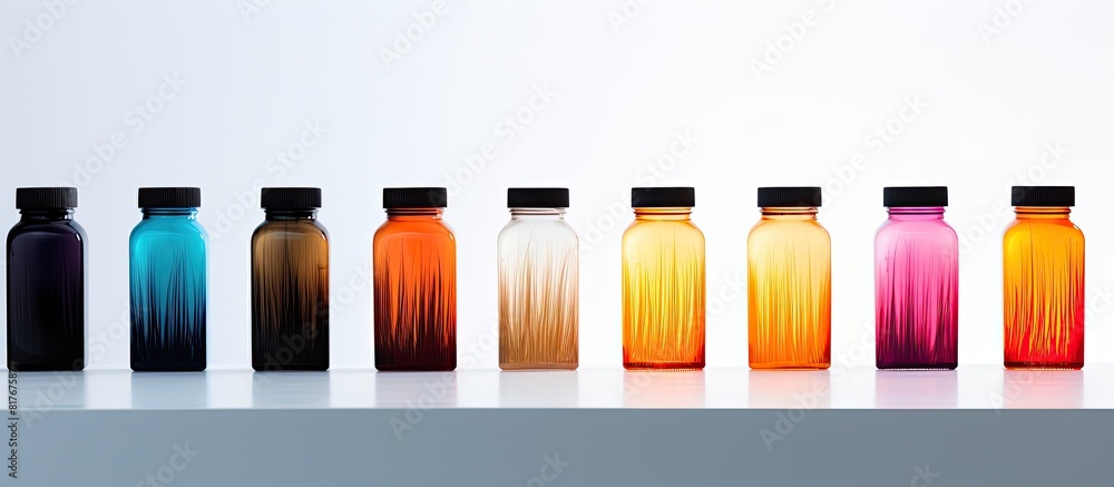 Poster copy space image featuring shampoo bottles and a hair strand on a white background providing room fo