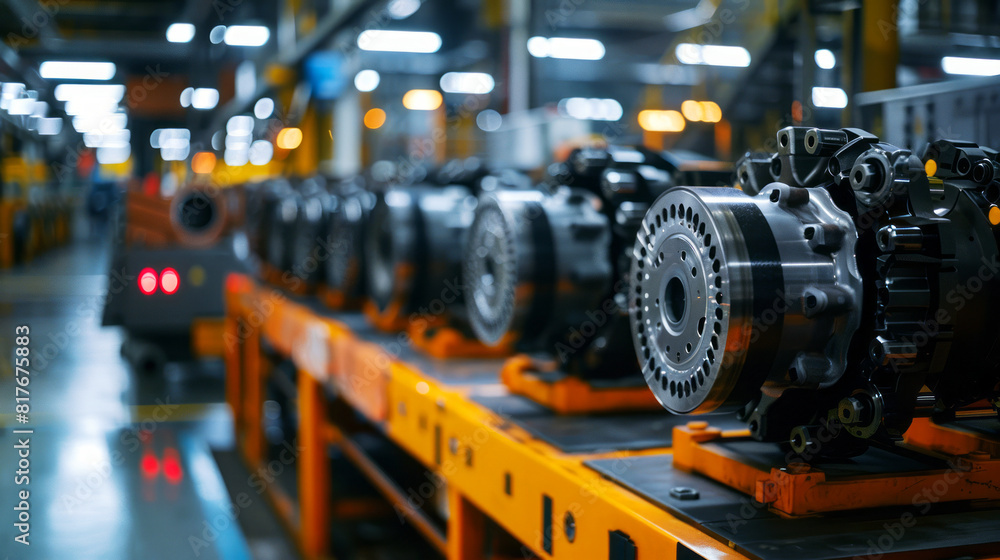 Poster line of heavy machinery parts on an assembly line in a factory, illustrating the precision and scale