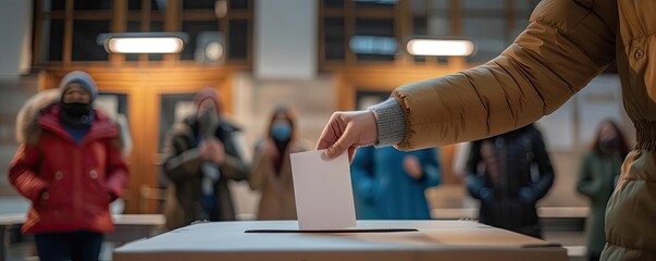 A closeup of a hand placing a vote into a ballot box, capturing the vibrant and lively spirit of election day