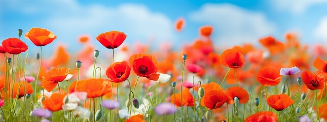 Obraz premium Beautiful closeup of poppies poppy Papaver rhoeas flowers in nature. Natural spring summer landscape with red poppies