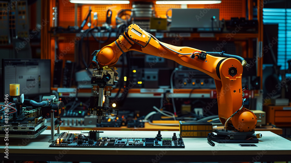 Poster robotic arm assembling circuit boards in a high-tech laboratory, showcasing precision engineering an