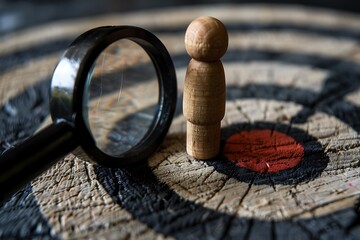 Magnifying glass focus on target icon with human shaped wooden doll for customer focus group and customer service, Data exchanges development and customer relationship management concept