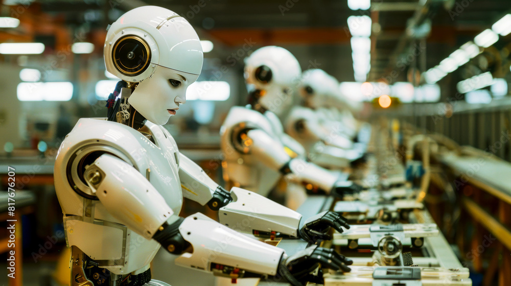 Poster row of white humanoid robots working on an assembly line in a high-tech factory, illustrating advanc