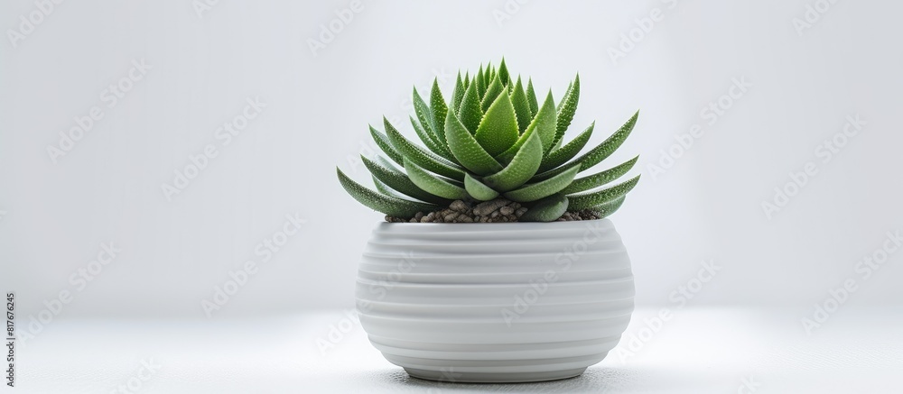 Aufkleber copy space image of a haworthia cooperi succulent plant displayed in a pot on a white table seen fro