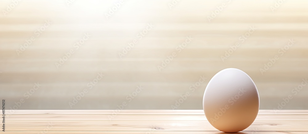 Poster A chicken egg on a sunlit old white wooden table with copy space image