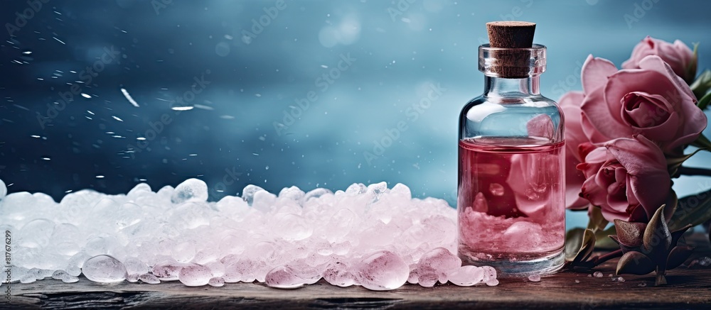Aufkleber a table displaying a bottle of rose essential oil alongside sea salt with plenty of copy space for a