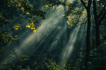 Obraz premium Sunbeams Filtering Through Forest Trees