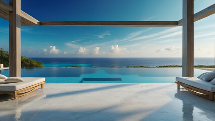 Fototapeta premium sparkling blue infinity pool merging with the ocean view