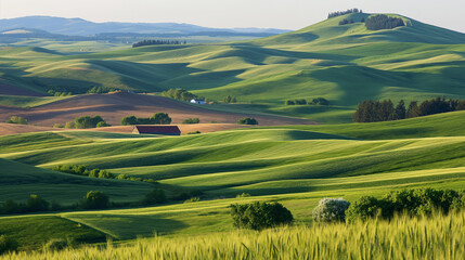 Obraz premium Scenic landscape of lush green rolling hills and farmland under a soft light