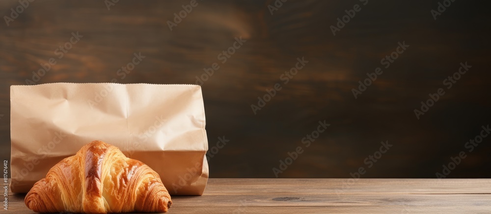 Poster copy space image of a pastry placed on a light wooden background accompanied by a paper bag
